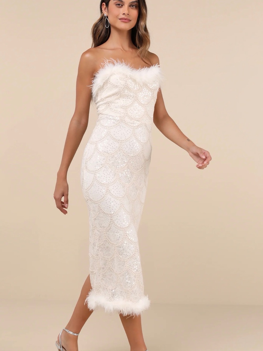 Lulu's Ivory Strapless Feather-Trim Sequin Midi Dress